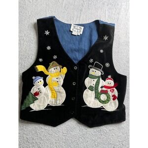 Country Wear christmas Snowman Applique Velvet Vest Women Size 8 vintage 90s
